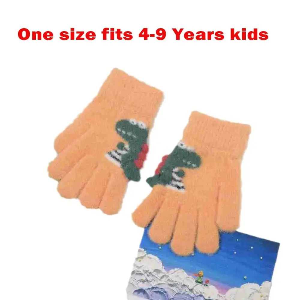 Children Knitted Gloves 4-9 Years Boy Girl Kids Winter Hand Warmer Thicken Woolen Five Finger Gloves Baby Mittens Cute Dinosaur