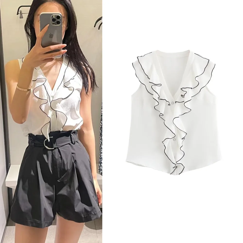 

BSK&TRAF Summer New Women's Clothing 2024 Contrast Color Trim Layered Decoration V-neck Sleeveless Shirt Top 3124575
