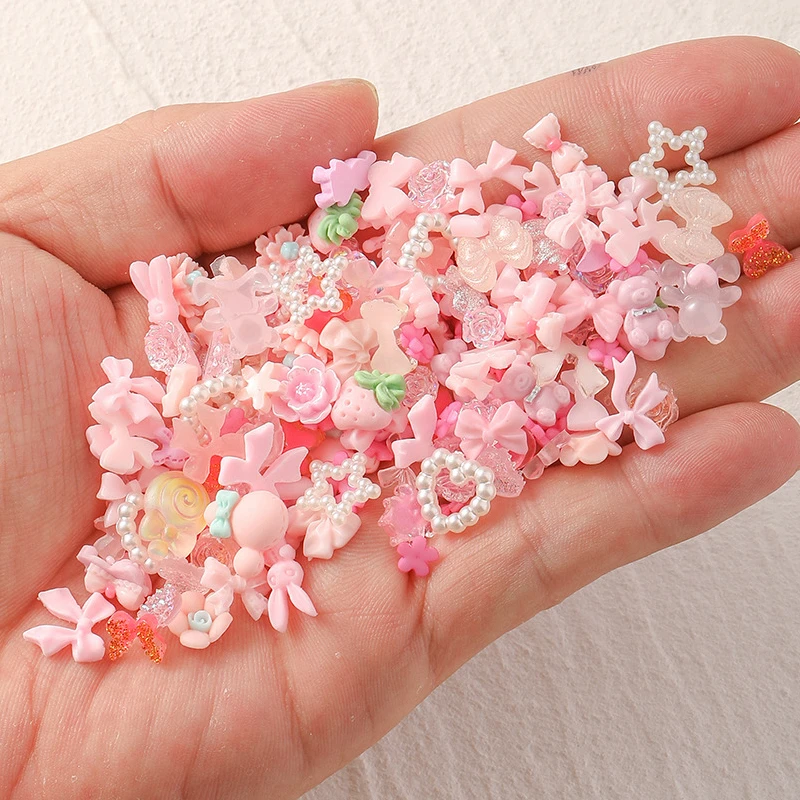 

100PCS Mixed Design 3D Arcylic Nail Art Decorations Charms Kawaii Accessories Black White Aurora Bow Tie Heart Manicure Parts