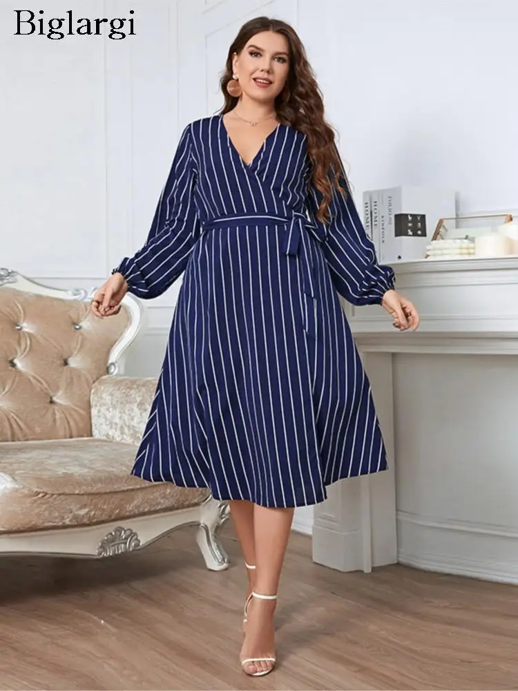 

Plus Size Summer Midi Dress Women Striped Print Long Sleeve One Piece Ladies Dresses Casual Fashion Woman Dress 2023