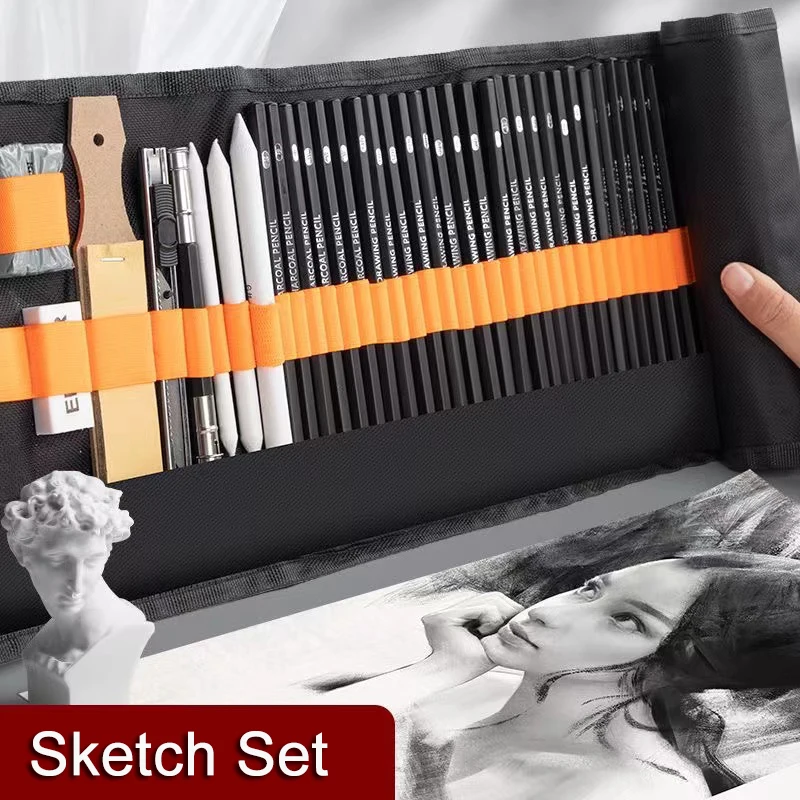 27/38/47pcs Sketch Pencils Set Sketching Kit Canvas Pencil Bag with Drawing Charcoals Kneaded Eraser Pencil Case  Art Supplies 29pcs drawing art kit with curtain drawing roll up canvas wrap bag art set charcoals kneaded eraser school office art supplies