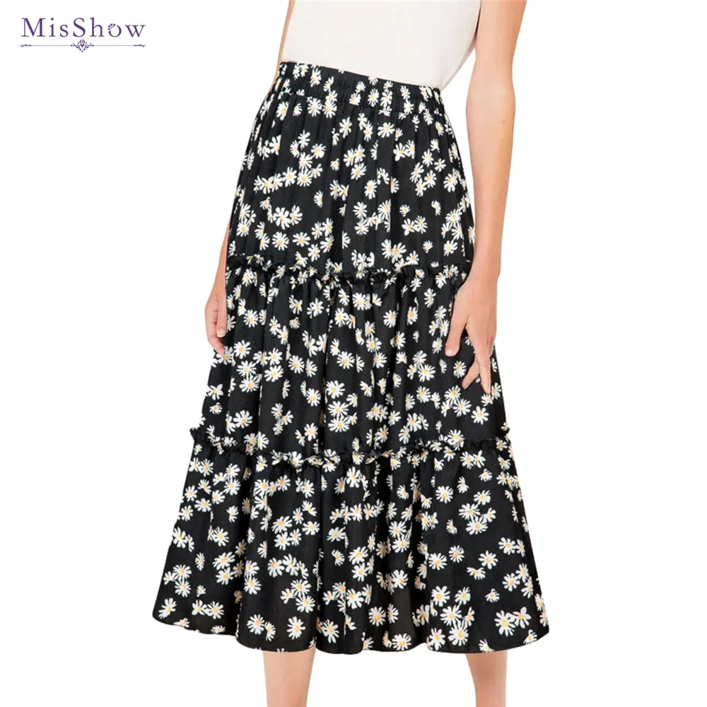 

US Stock MisShow Daisy Floral Print Flounce Skirt Sweet Pleated Ruffle Hem Casual Midi Dress Female Beach A Line Short Skirts