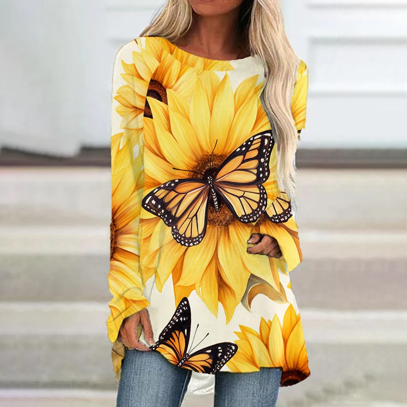 

2023 New Ladies Long -sleeved Dress Butterfly Sunflower 3D Printed Lady Long -sleeved Dress Casual Lady Long -sleeved Dress