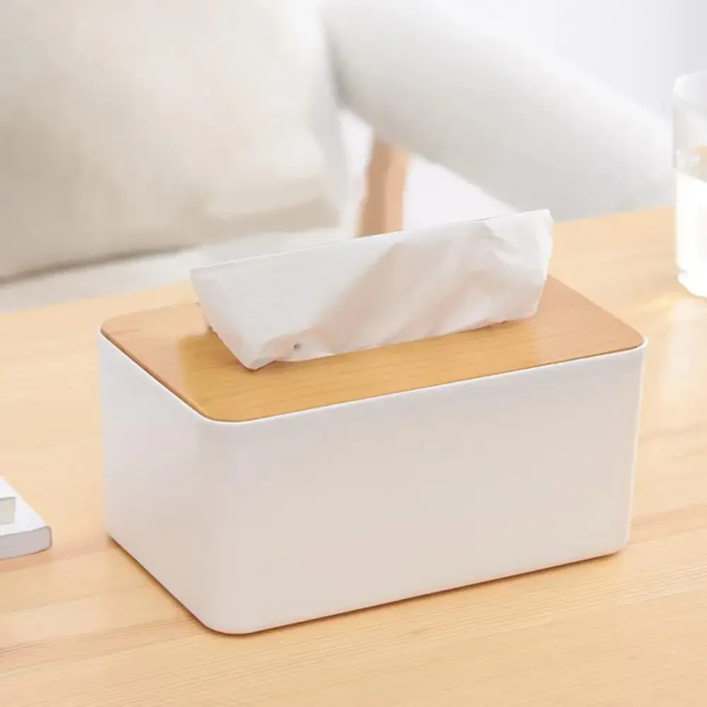 Description Picture 5 of itemPlastic Tissue Box Wooden Lid Square Napkin Holder Container Wet Tissue Paper Dispenser Case Modern Home Car Organizer