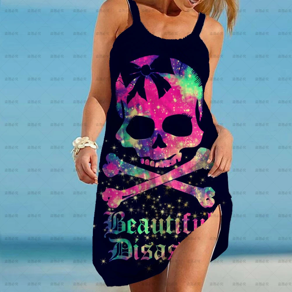 

Top Dresses for Women 2023 Sling Women's Summer Dress Boho Woman Sleeveless Sexy Party Skull Flower Beach Gothic Clothing S-5XL