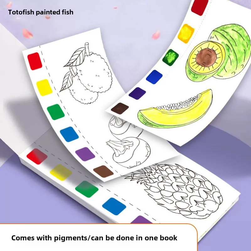 2025 New English Hot Selling Coloring Book Puzzle Students Mini Watercolour Paint Pad Fruit Watercolour Coloring Book 2