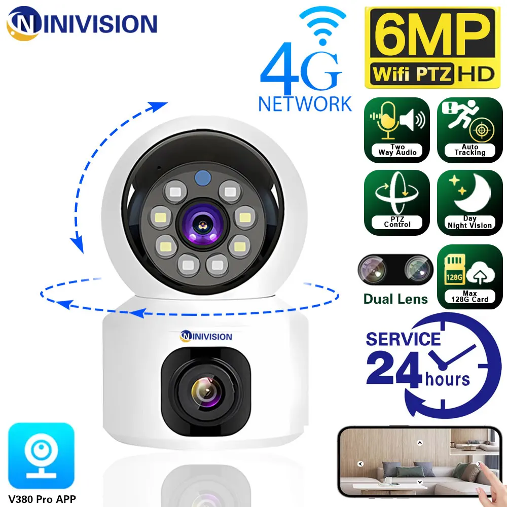 Sim Card 4G Camera Indoor Dual Lens Mini Ip Camera 3K 6Mp Wifi Wireless Security Night Vision Camara Videosorveglianza V380 Pro