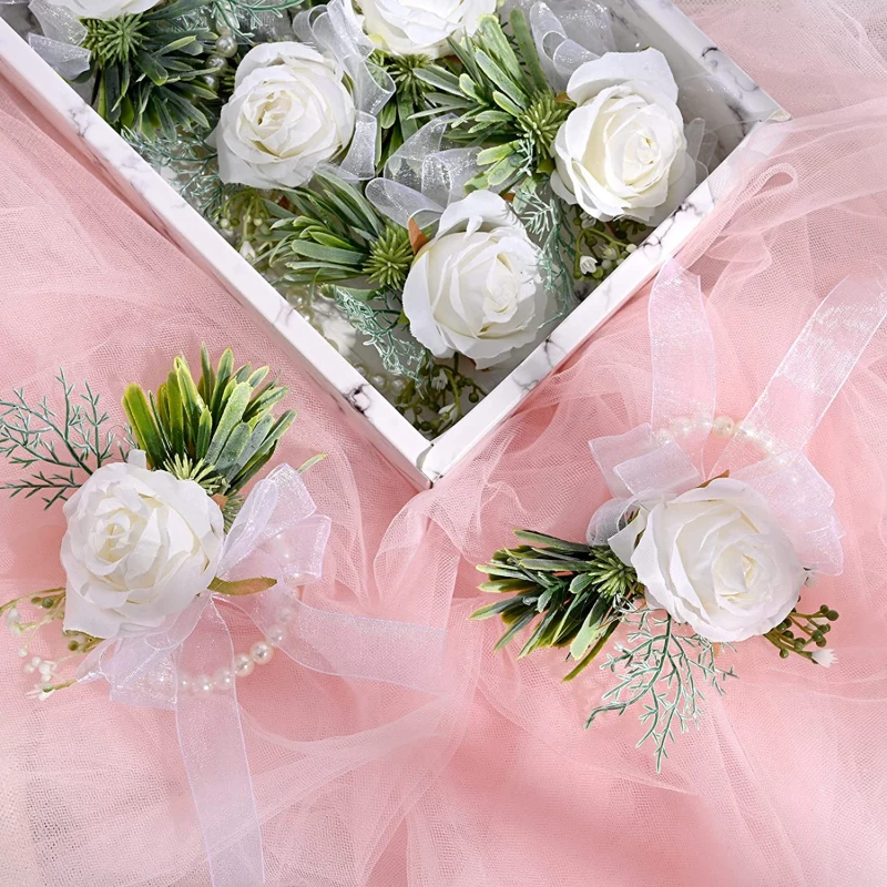 Corsage Men Wedding Boutonniere White Bridal Wrist Corsage Bridesmaid Groomsmen Prom Party Meeting Personal Decorati