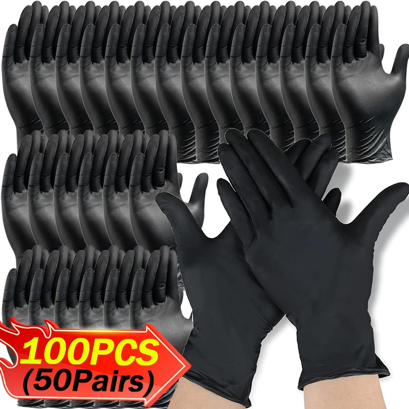 2 100Pcs PVC Gloves Black Disposable Nitrile Knit Reel Tools Textured Hair Dye Mechanic Tattoo Washing Car Household Work Gloves
