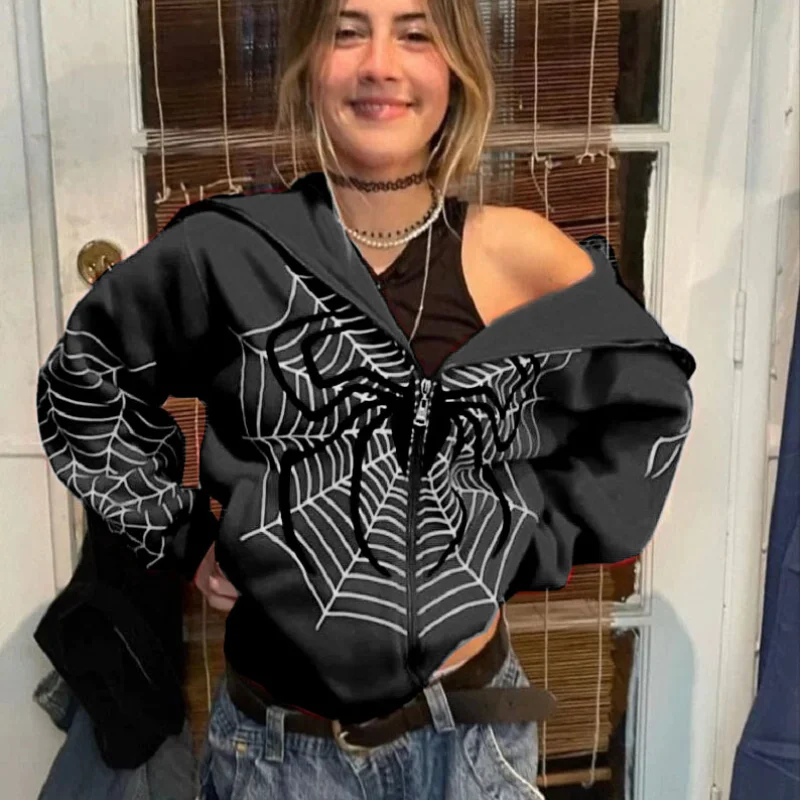 

Fashion Spider Web Zipper Hoodies Women Casual Cardigan Sweater Personality Street Wear American Coat Female 2023 Spring Autumn