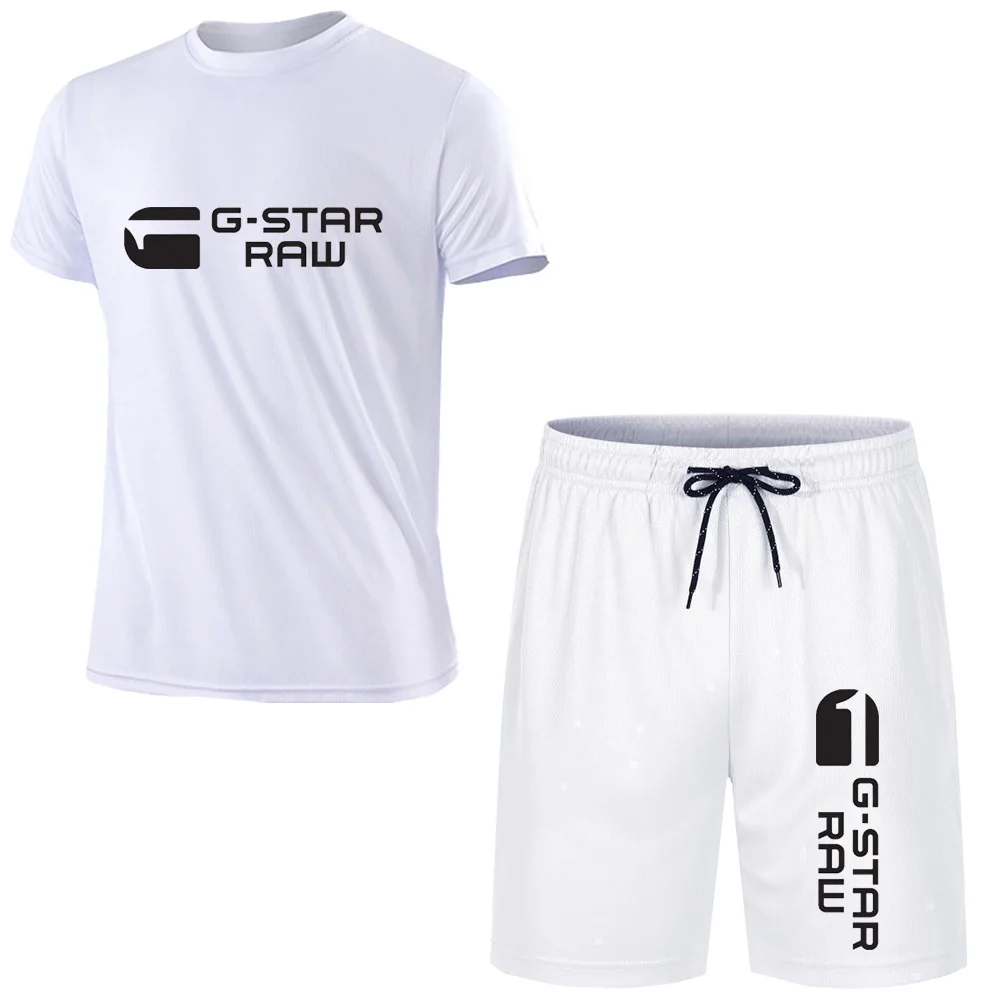 2024 Summer G-STAR RAW Print Men's T-shirts Shorts Set Suit Fashion Leisure Breath Sport Jogging Gym 2pcs Short Sleeve 2