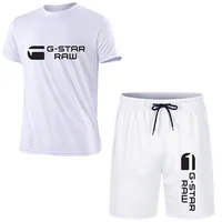 2024 Summer G-STAR RAW Print Men's T-shirts Shorts Set Suit Fashion Leisure Breath Sport Jogging Gym 2pcs Short Sleeve 2