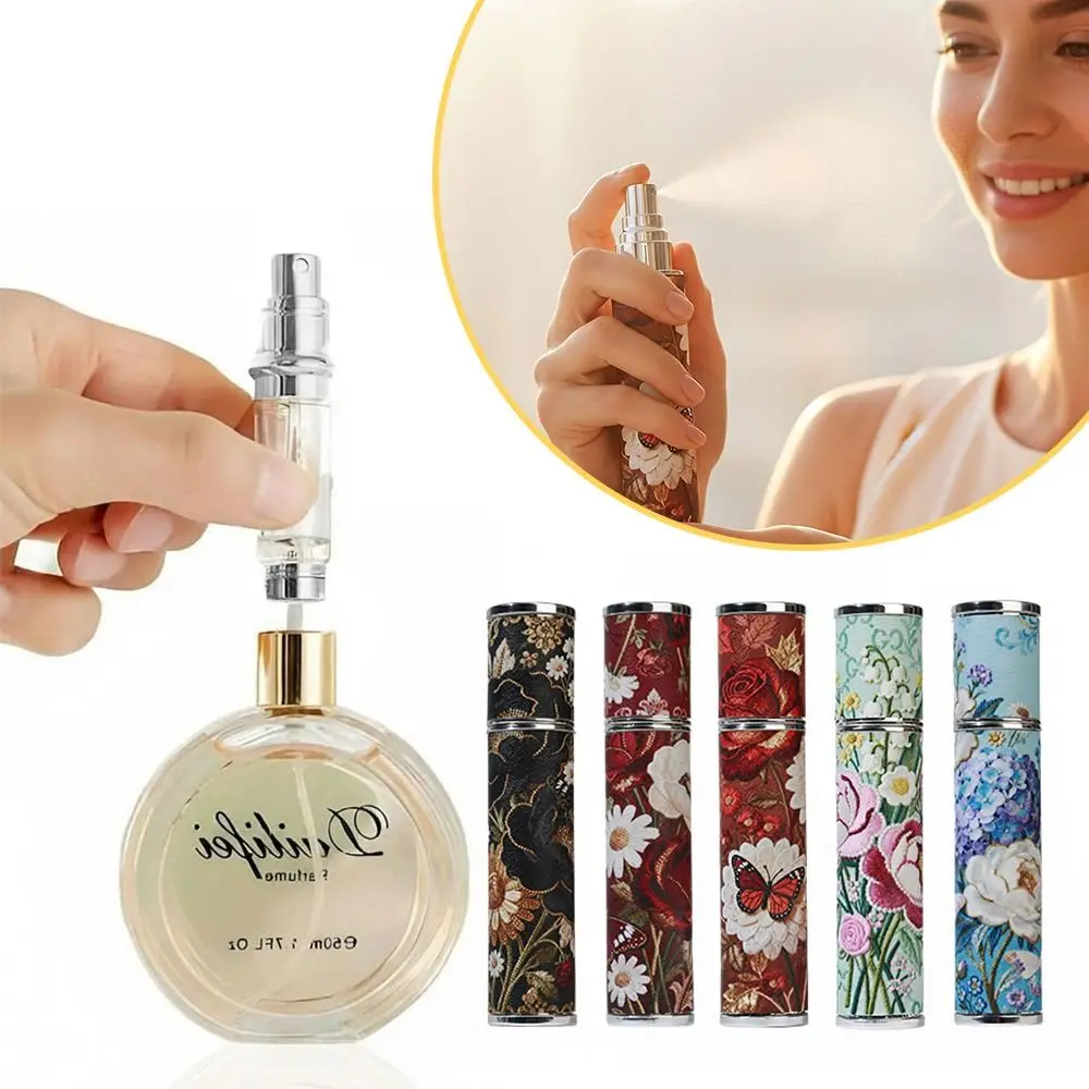 PU Leather Perfume Bottle Floral 10ml Cosmetic Container Leak-proof Refillable Ultra-fine Mist Fragrance Container for Woman