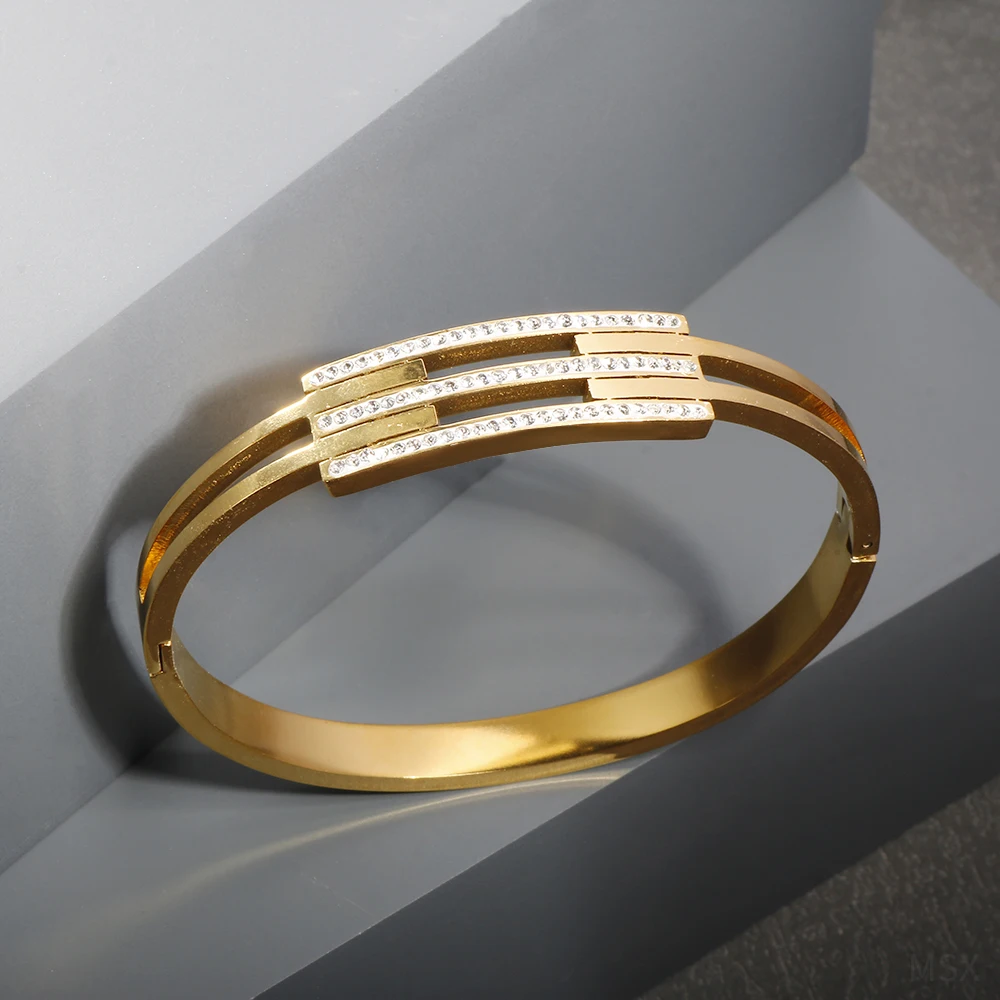 Luxury High-end Three Layer Inlaid Zircon Stainless Steel Cuff Bracelet 18 K Gold Plated Waterproof Clasp Bangle Fine Jewelry 3