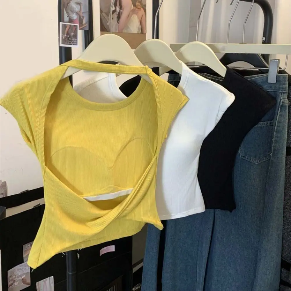 Solid Color Hollow out Beauty Back T-shirt Y2k Round Neck Slim Crop Tops Short Sleeve Bottoming Shirts Vest with Pads Summer