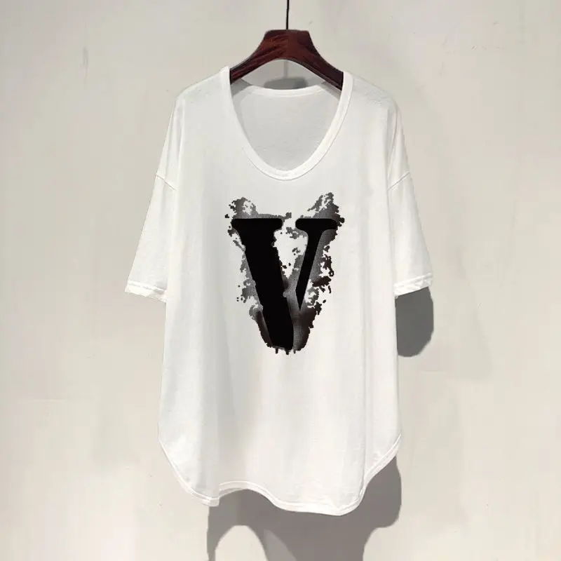 

Женская летняя свободная черная футболка с буквами и V-образным вырезом, женская одежда, Повседневный Белый школьный Топ, футболка с мультяшным рисунком