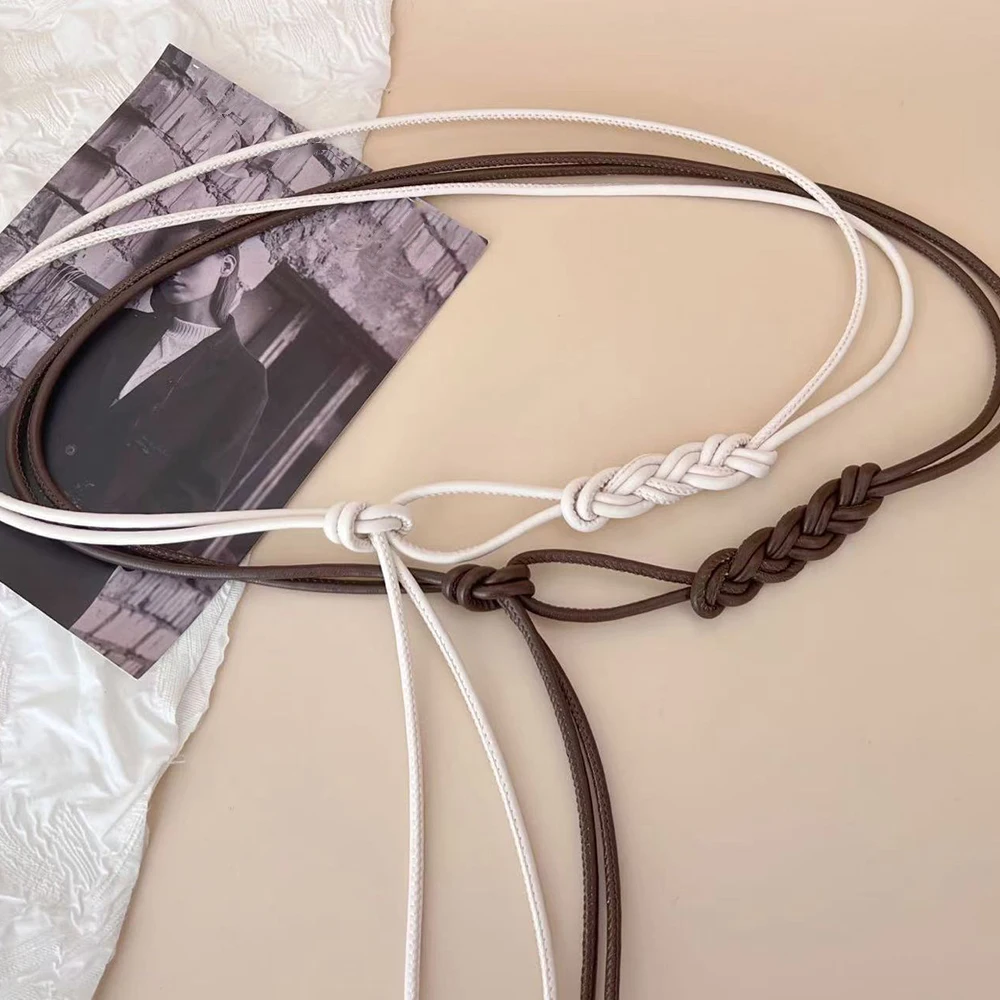 New Braided Leather Thin Belt Metal head Knotted Long Dress String Waistband PU leather Decorative Coat Belt Waist strap
