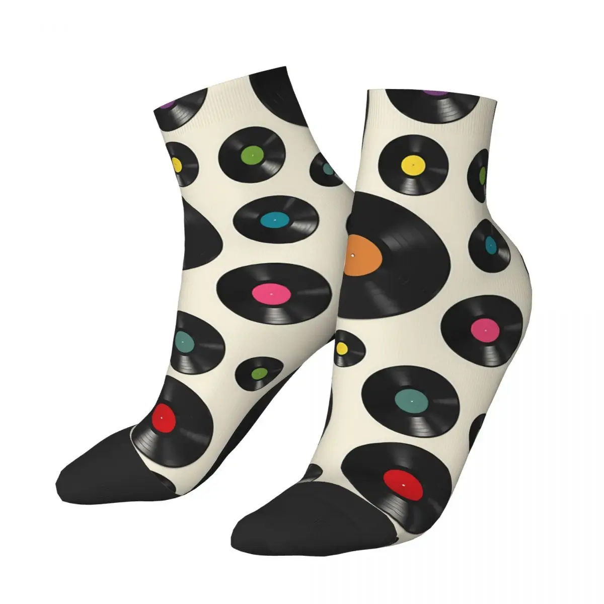 

Funny Men's Ankle Socks Vinyl Record Retro Music Notes Hip Hop Crazy Crew Sock Gift Pattern Printed
