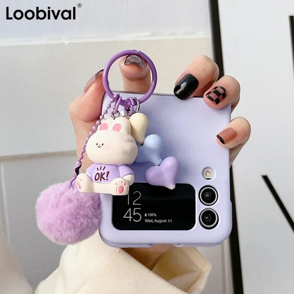 Cartoon Bear Plush Heart Folding Case with Lanyard for Samsung Galaxy Z Flip