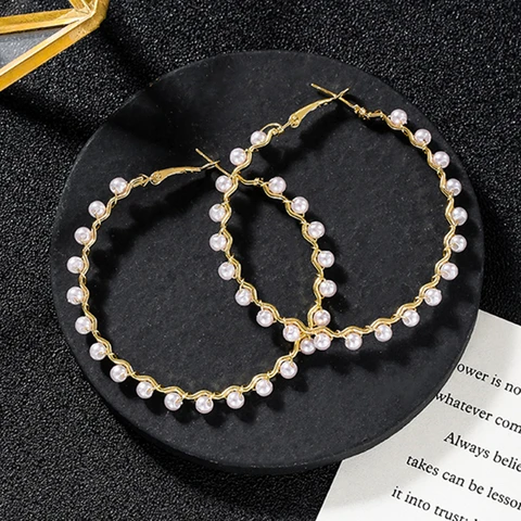 Pearl Hoop Earrings for Women New Trendy Exaggerated Wave Big Circle Round Earring Wedding Fashion Hiphop Punk Jewelry
