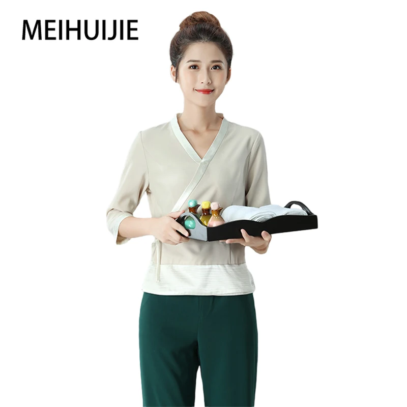 new-slim-massage-clothes-classic-waist-oblique-design-short-sleeves-trousers-suit-beauty-clothes-foot-bath-work-uniform-clothes