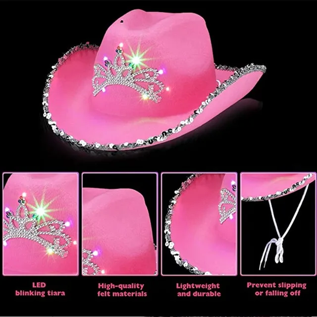 Pink Western Cowboy Hats for Women Girls Birthday Party Caps Y2K Feather Sequin Decoration Crown Tiara Cowgirls Wide Brim Hats 2