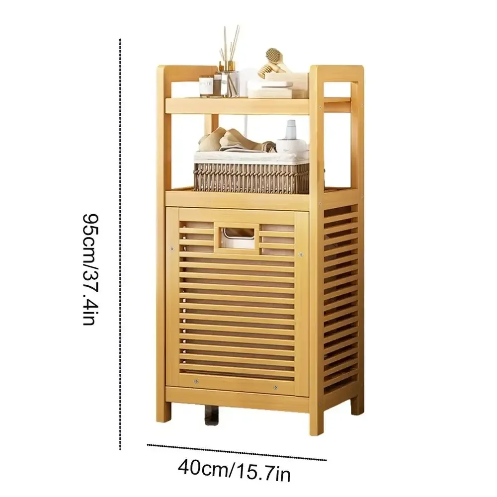 Bamboo Laundry Basket Wooden Storage Hamper With Tilt Out Basket 3/4 Tier Bathroom Rack Multi-function Laundry Hamper with Shelf 6