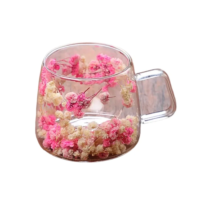 200ml Double Wall Clear Coffee Mug with Handles Glass Milk Cups Simulation Flower Teacup Elegant Gift Drinkware