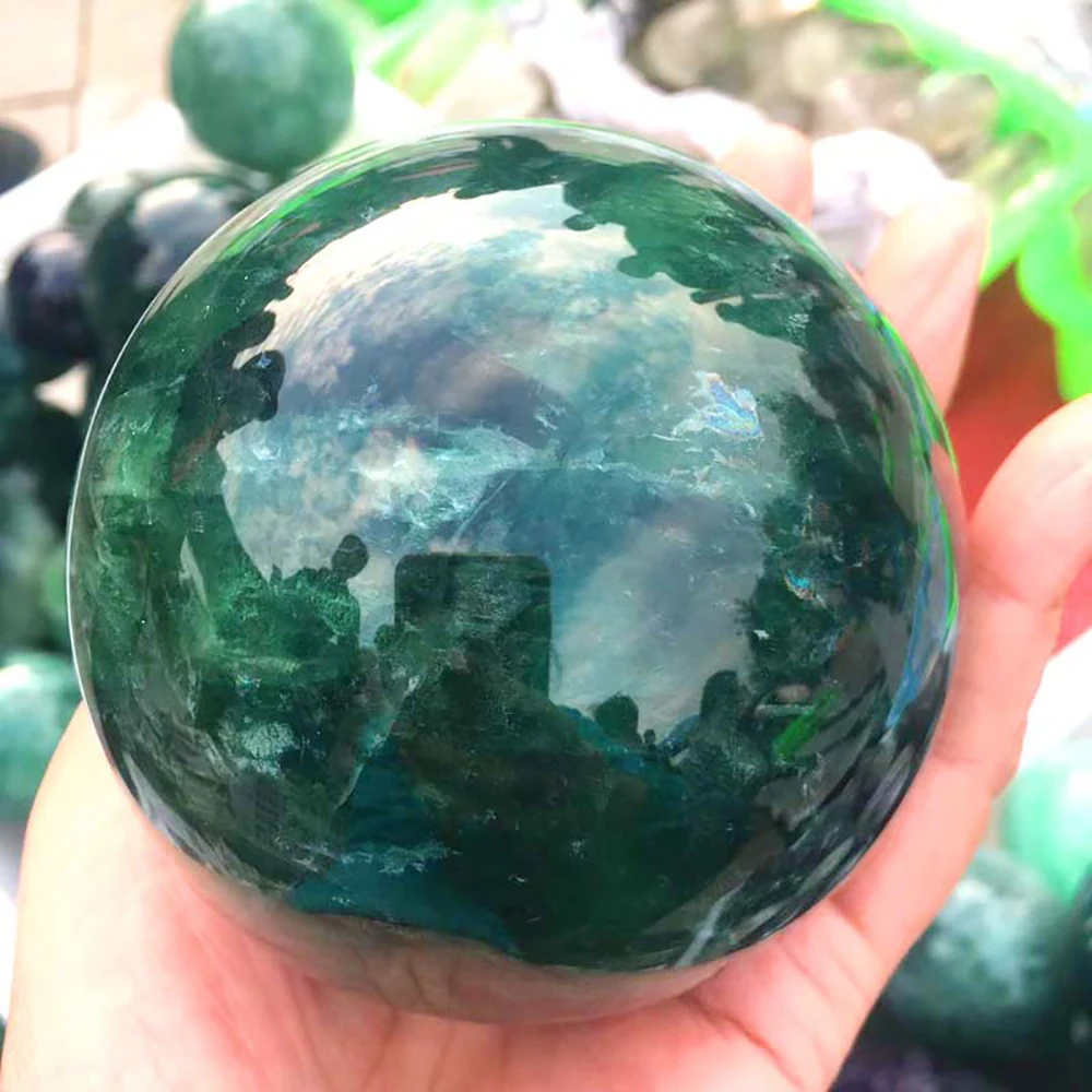 Natural Green Fluorite Ball Crystal Pull Feldspar Ornaments Blue Elongated Stone Polishing Ornaments Ball 40mm-70mm