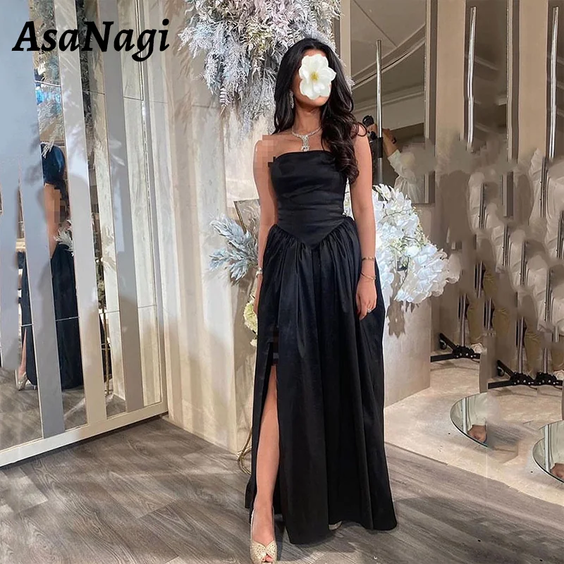 

AsaNagi Sexy Black Prom Dresses Women's Strapless Side Slit A-Line Party Evening Gowns Saudi Long Arabian Special Occasion Dress