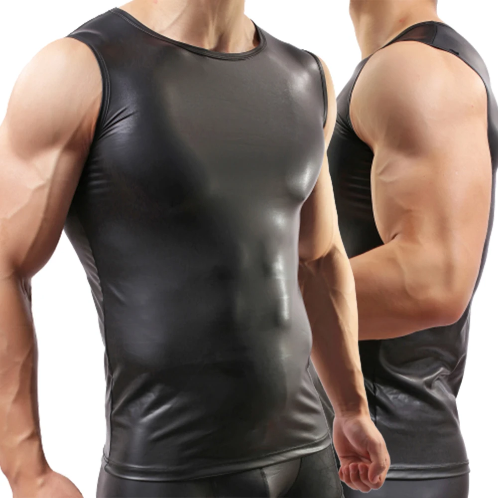 

Men Faux Leather Sleeveless Vest Tank Top Clubwear Undershirt Fitness Tank Tops Sexy Men's Stage Performance Costume Undershirts
