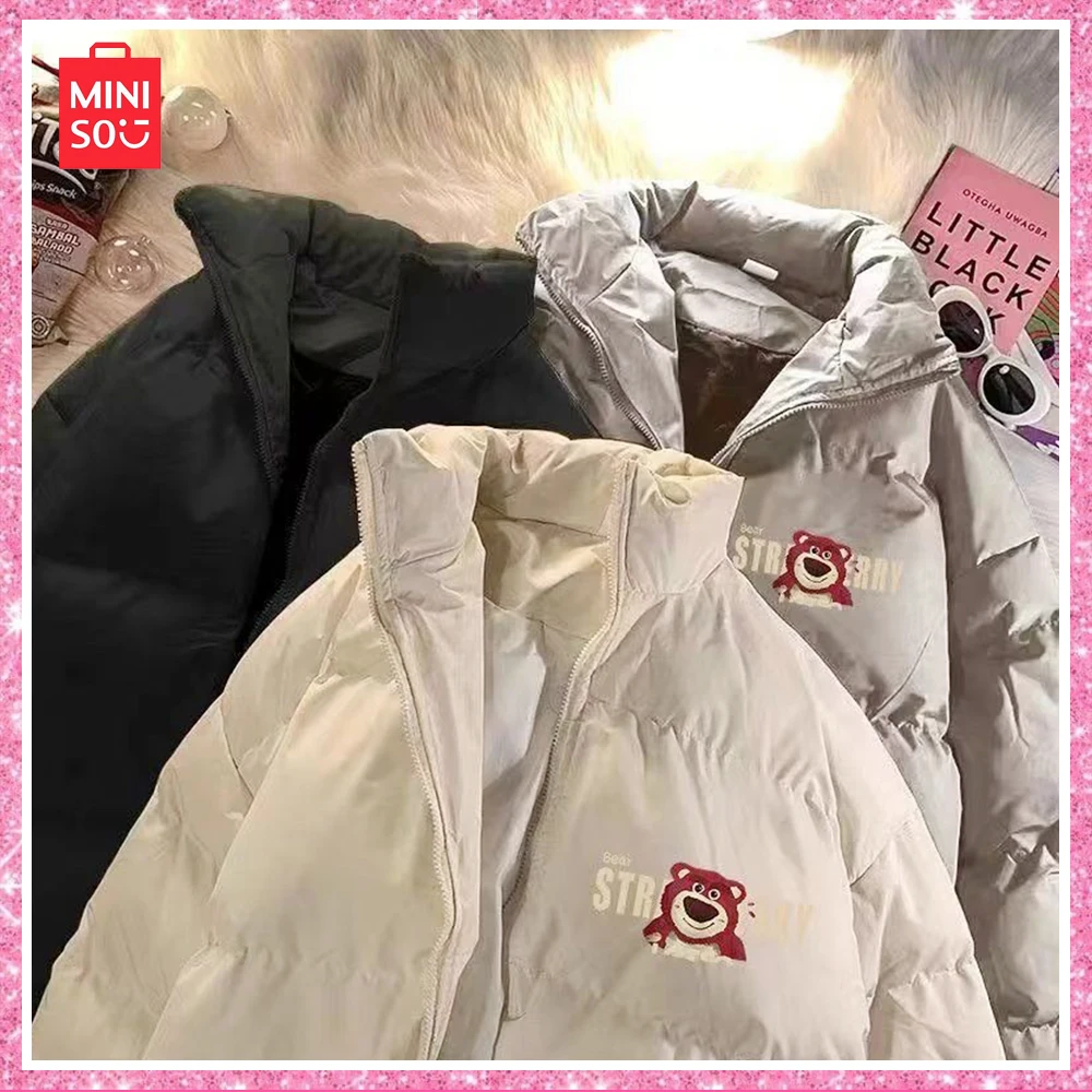 

2024 Miniso Lotso Winter Couple Vintage Cotton-Padded Jacket Fashion Black Loose Warm Coat White Kawaii Birthday Boy Girl Gift