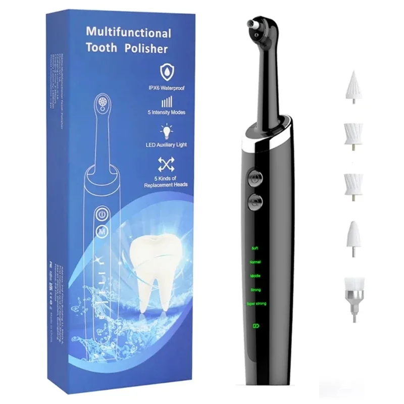 

Electric Tooth Polisher with 5 Replaceable Heads Dental Plaque Tartar Remover Teeth Whitening Cleaner Tool