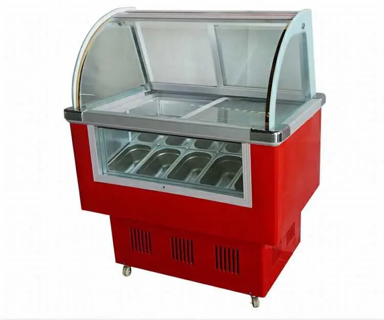 

10 pans durable commerical glass ice cream display freezer case with free shipping by sea