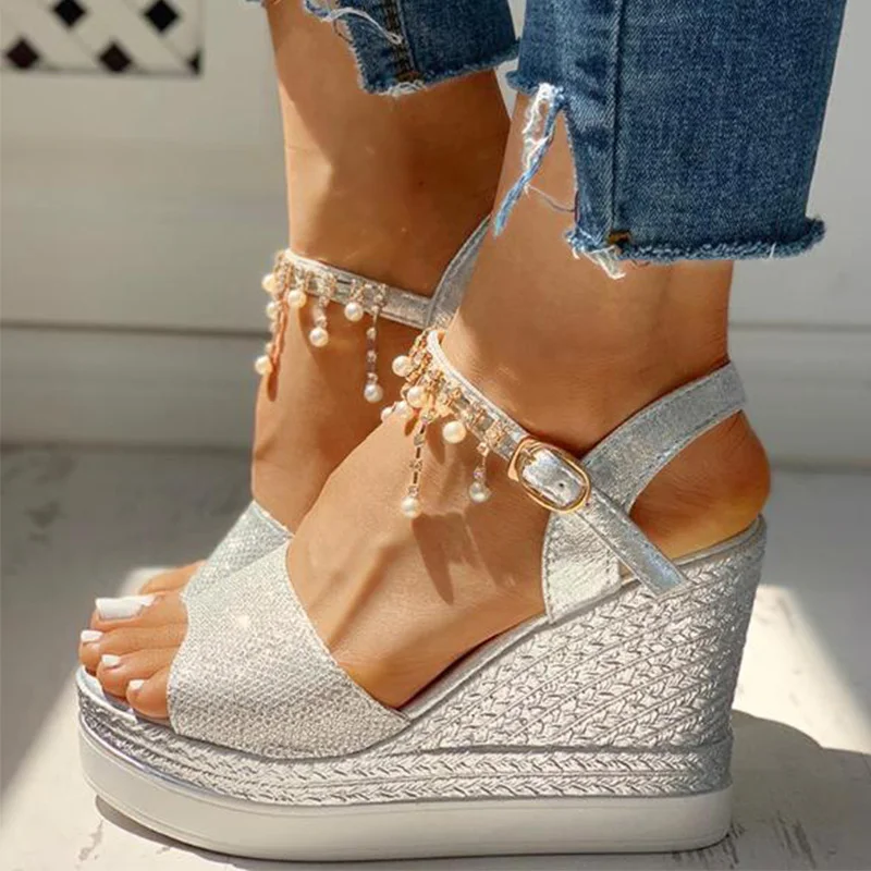 Women Wedge Sandals Summer Bead Studded Platform Sandals Buckle Strap Peep Toe Thick Bottom Casual Shoes