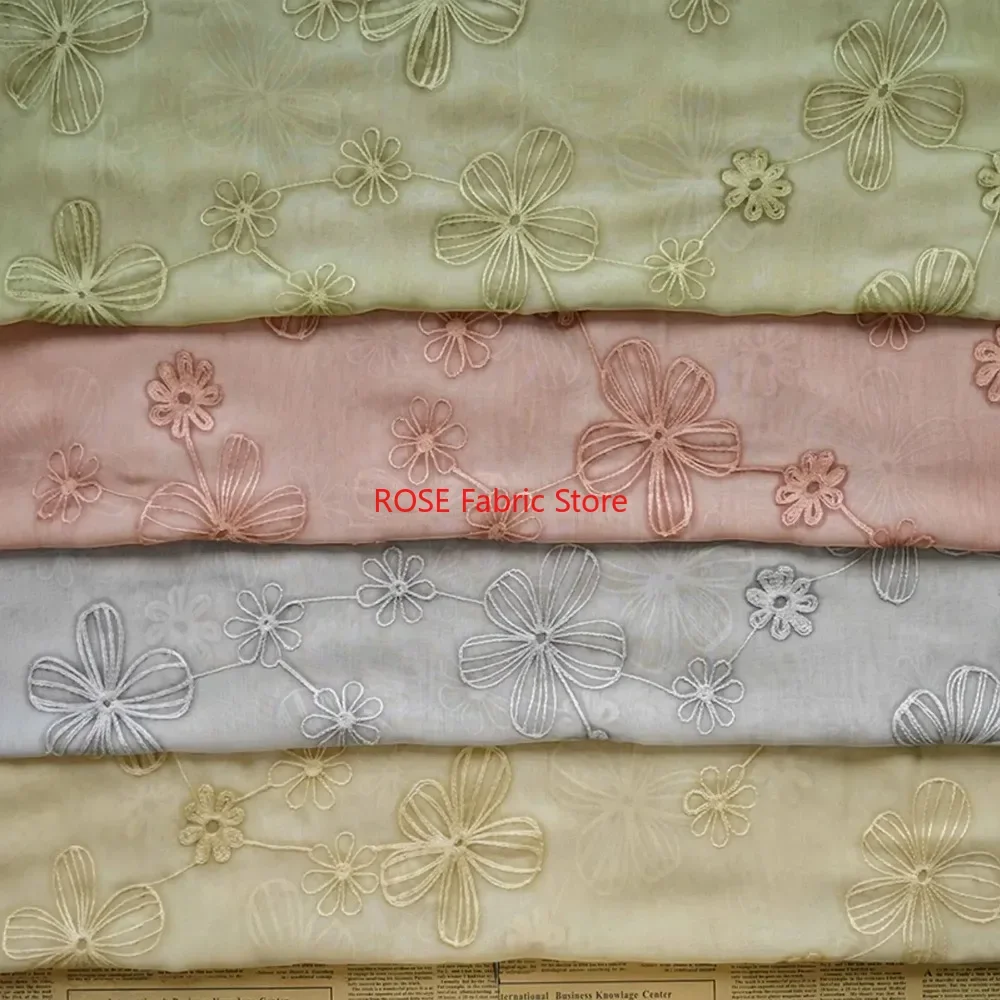 Elegant Green and Beige Floral Embroidery Chiffon Tulle Fabric for Dresses and Costume Design