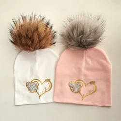 newborn baby hat fashion golden silver sweet heart ear letter toddlers infant baby fluff pompom hat for girls boys cap for kid
