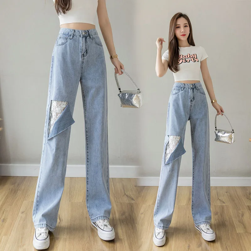 Mini Girls High Waist Jeans Female Autumn Frayed Jeans Worn Ripped Hole With Lace Patch Slim Width Leg Cowboy Demin Pants new women s y word wide band sexy skinny back demin pants high waist handmade frayed jeans female overalls