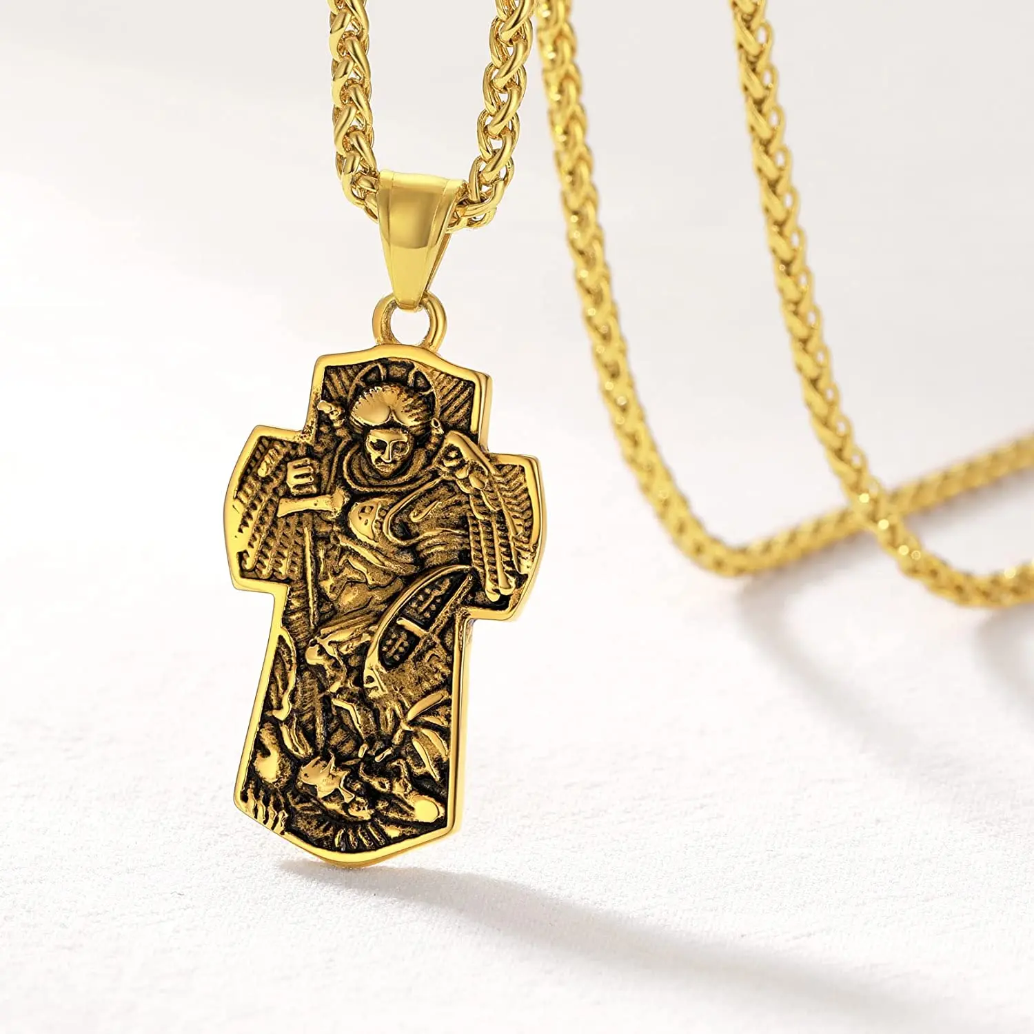 U7 Saint Michael The Archangel Necklace Stainless Steel Gold Color Catholic Amulet Gift St. Michael Cross Pendant for Men Women