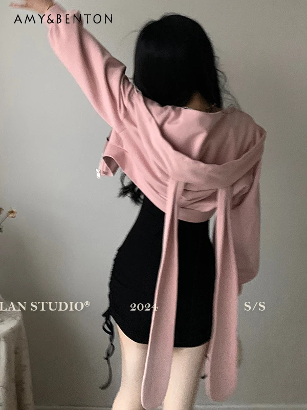 Sweet Preppy Style Cute Rabbit Ears Cropped Hoodie + Knitted Slim Slip Dress Two-Piece Set Kawaii Hot Girl Y2K Outfit Spring New