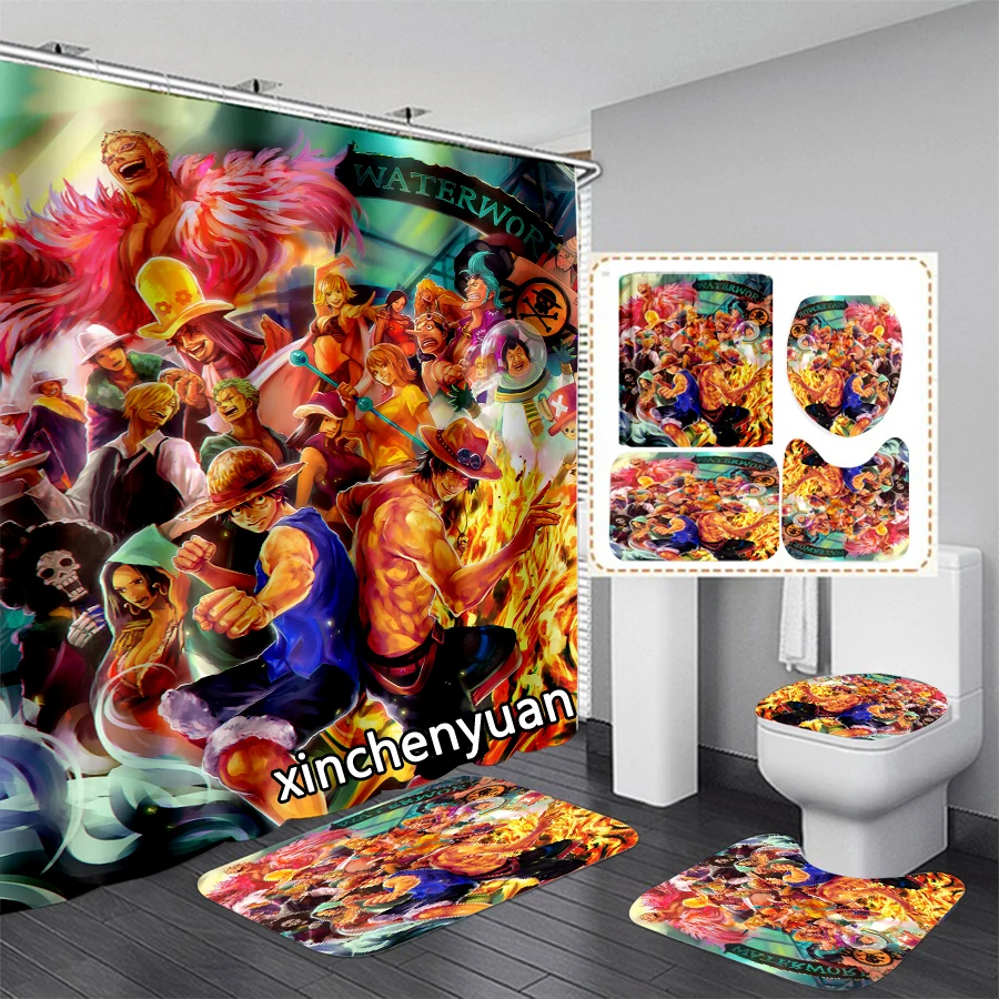 phechion Anime One Piece 3D Print Waterproof Bathroom Shower Curtain Toilet Cover Mat Non-Slip Floor Mat (1/3/4Pcs) W61 3