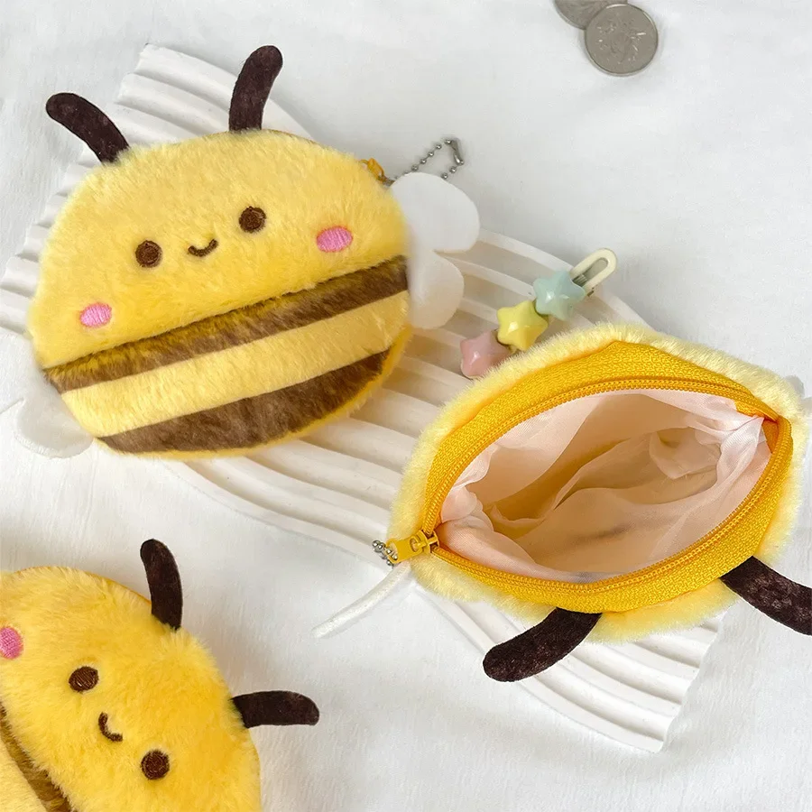Cute Little Bee Plush Coin Purse Cartoon Children's Coin Wallet Mini Purse for Girl Headphone Lipstick Storage Bag Birthday Gift