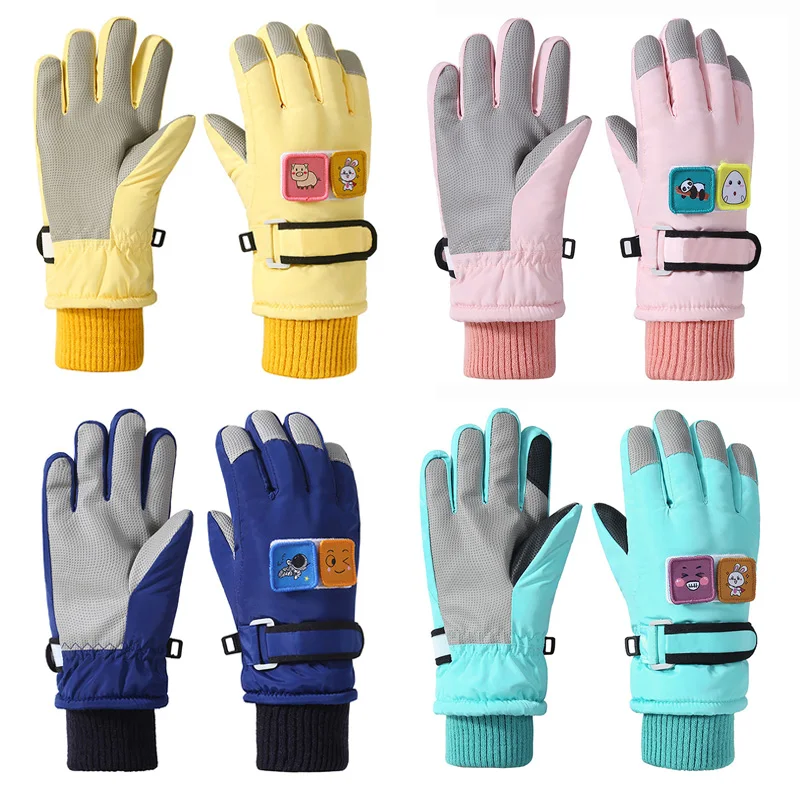 New Winter Ski Gloves for Kids Thickened Waterproof Snow Five Fingers Glove Detachable Cartoon Label Children Snow Accessories