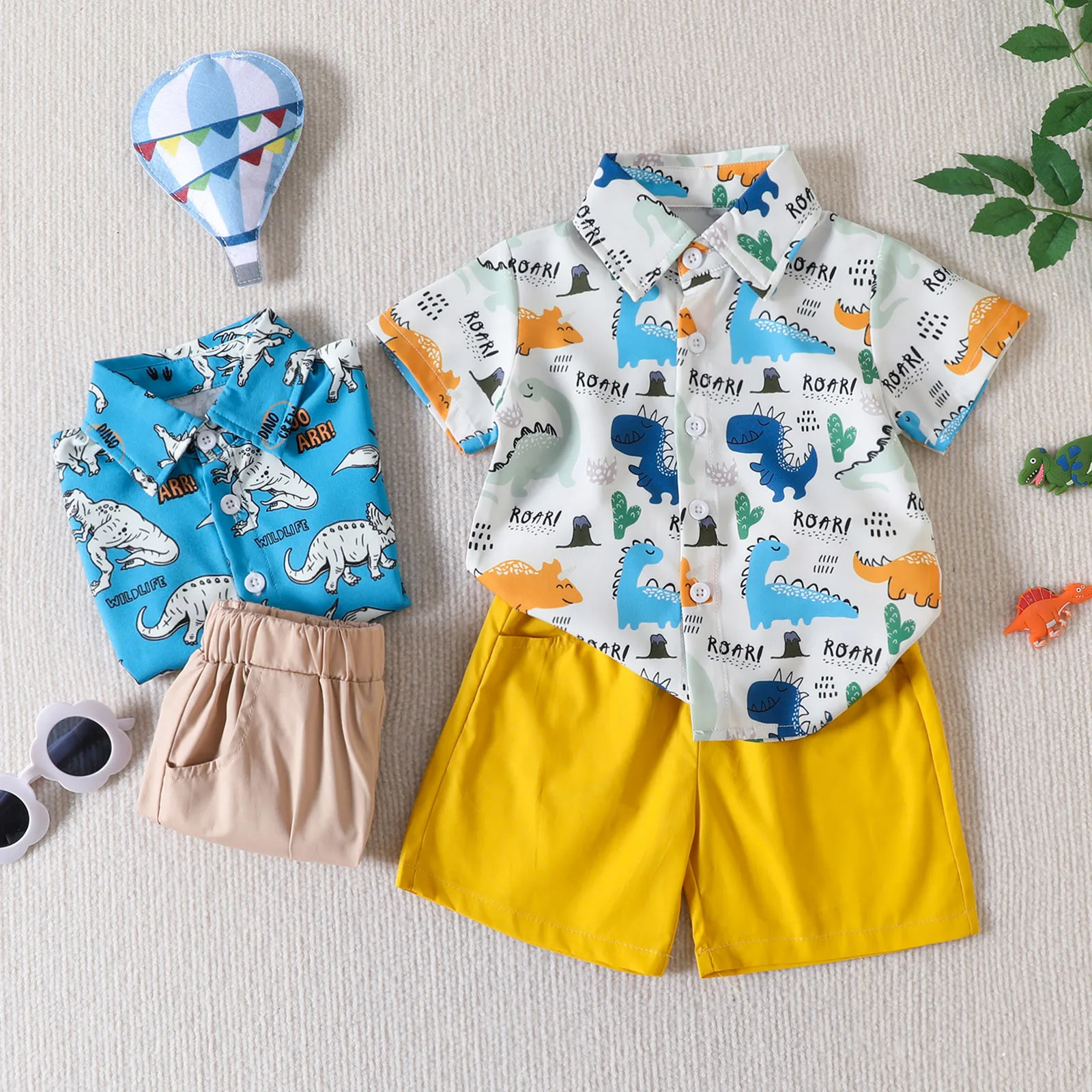 

Toddler Boys Clothing Outfits Short Sleeve Cartoon Dinosaur Prints Shirt Tops+Solid Color Shorts Children Kids Gentleman Outfits