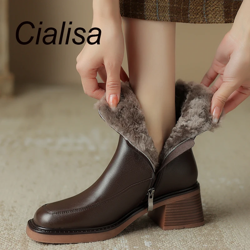 

Cialisa Winter Warm Fur Women Short Boots Round Toe High Quality Genuine Leather Shoes Brown Black High Heels Ankle Boots 42 New