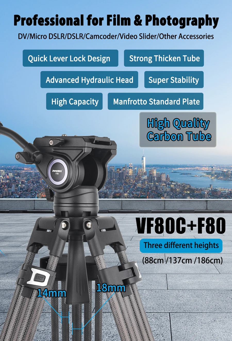 VF80C Professional Carbon Fiber Video Tripod 186cm & Hydraulic Fluid Video Head