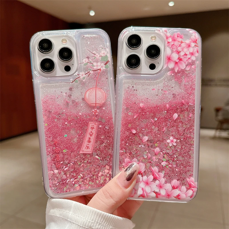 Peach Blossom Glitter Quicksand Case for iphone 16 15 14 13 Pro