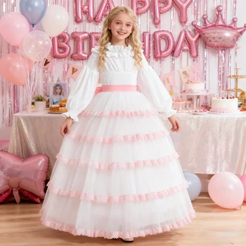 Elegant Bridesmaids Party Backless Girl Dress Long Sleeve Wedding Birthday Princess Prom Dress for Girl Graduation Prom Costume 1