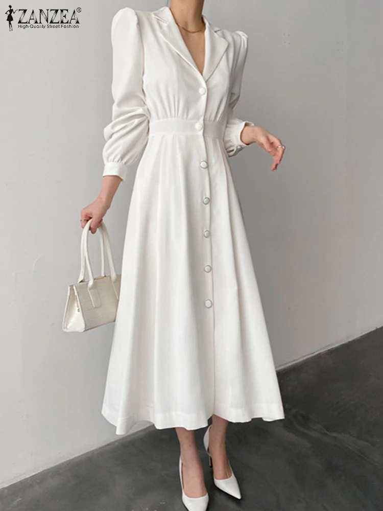 

ZANZEA 2023 Autmun White Party Vestidos Elegant Long Shirt Dress Women Puff Long Sleeve Buttons Dresses Lapel Collect Waist Robe