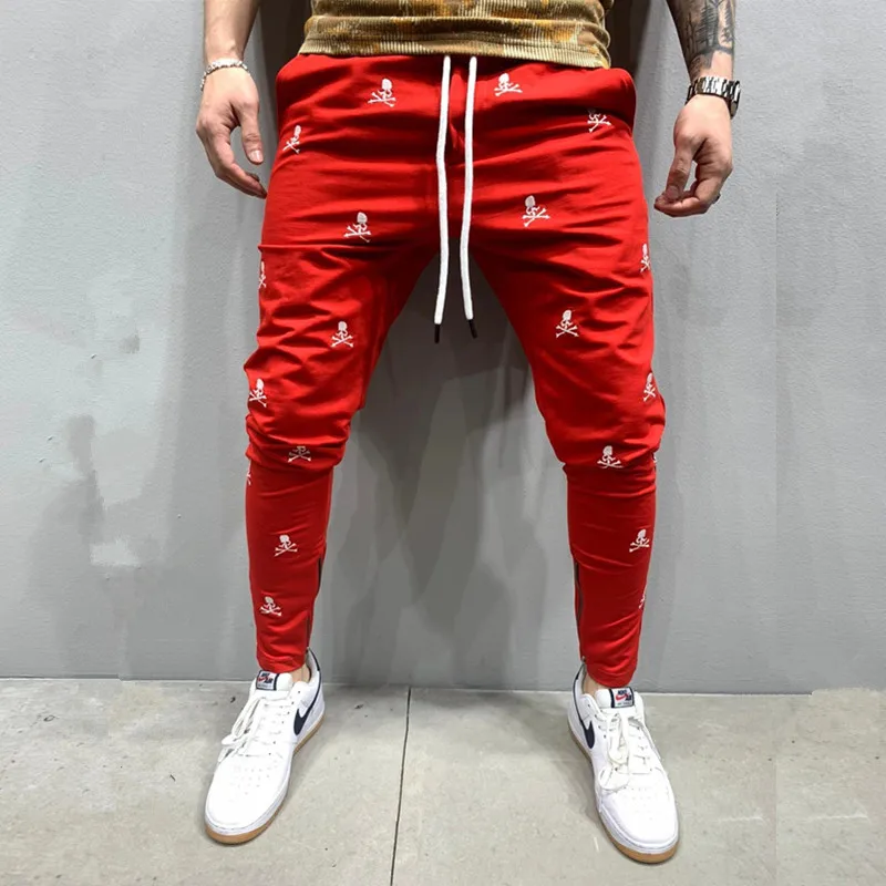 Pantalones tácticos blancos para hombre, Pantalón deportivo informal ajustado con bordado de calavera Harajuku, Hip Hop, con cremallera